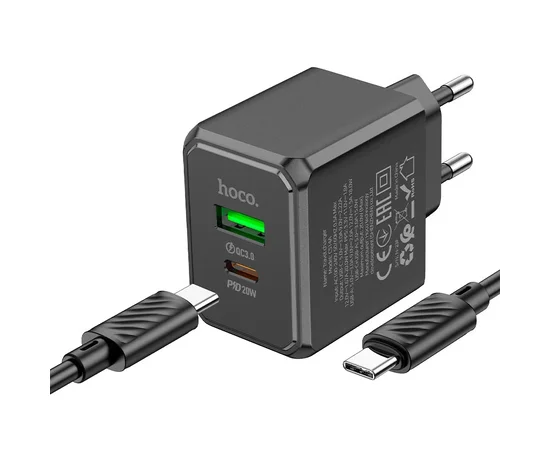 СЗУ Hoco CS14A PD20W+QC3.0 (1USB-A/1C) + Type-C to Type-C Black
