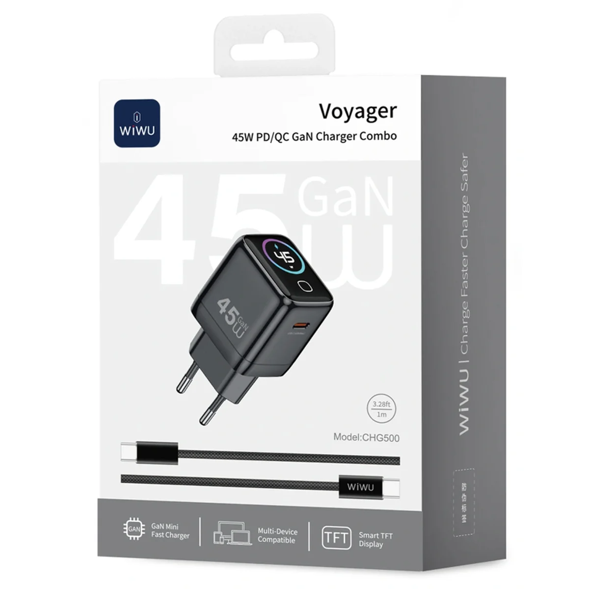 СЗУ WIWU CHG500 Voyager PD45W (1USB-C) + кабель Type-C to Type-C Grey