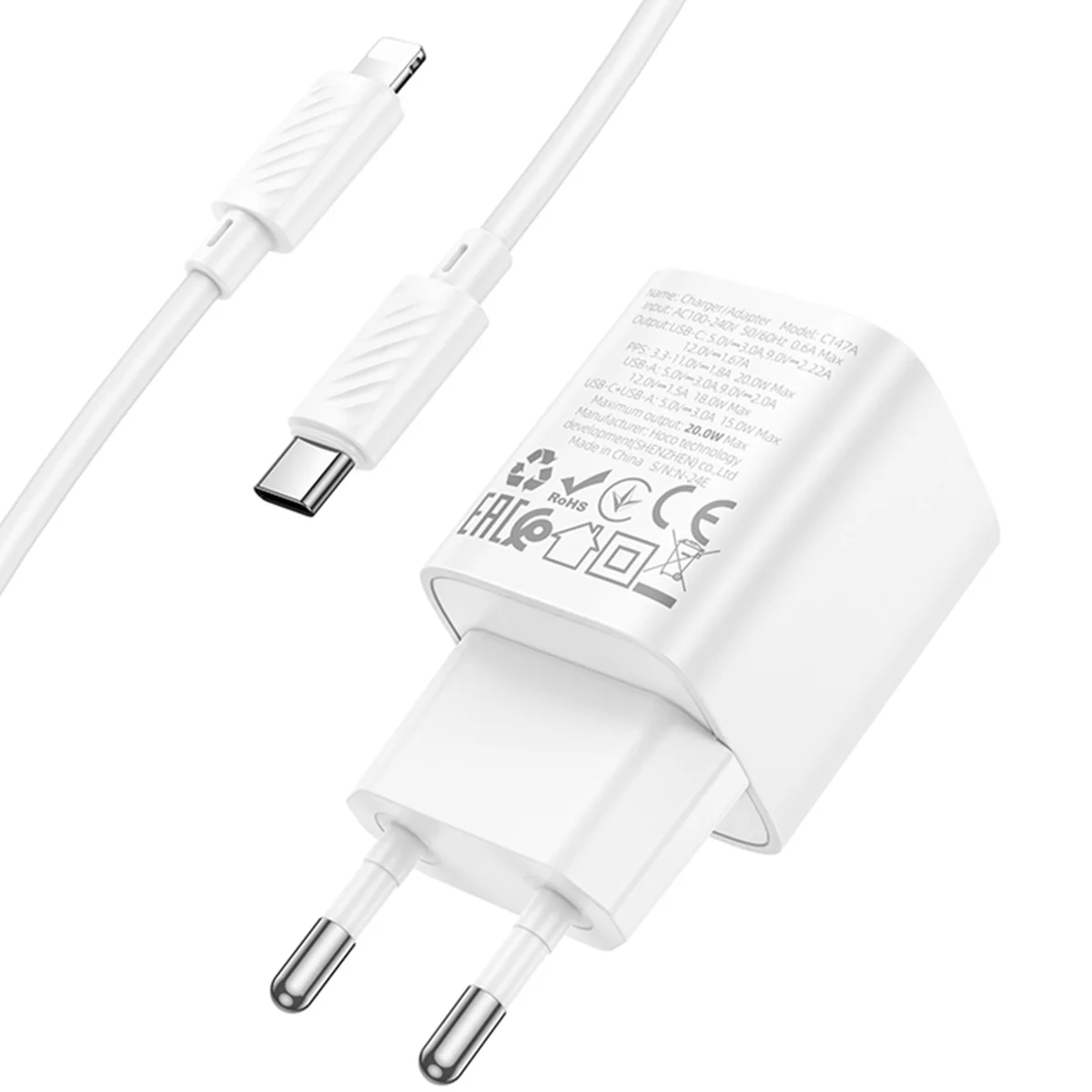 СЗУ Hoco C147A PD20W+QC3.0 (1USB-A/1C) + кабель Type-C to Lightning White