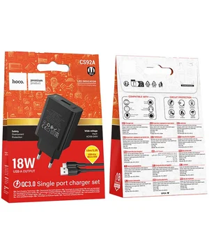 СЗУ Hoco CS92A Leader 18W+QC3.0 (1USB-A) + кабель USB to MicroUSB Black