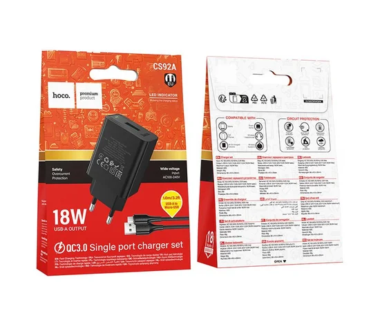 СЗУ Hoco CS92A Leader 18W+QC3.0 (1USB-A) + кабель USB to MicroUSB Black