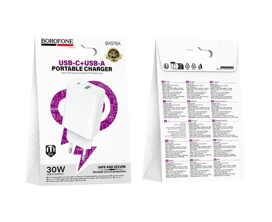 СЗУ Borofone BAS76A Source PD30W+QC3.0  (1USB-A/1C) White