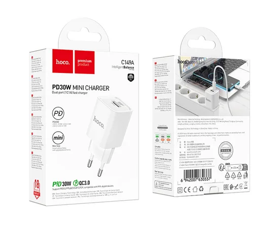 СЗУ Hoco C149A Charm PD30W+QC3.0 (1USB-A/1C) White