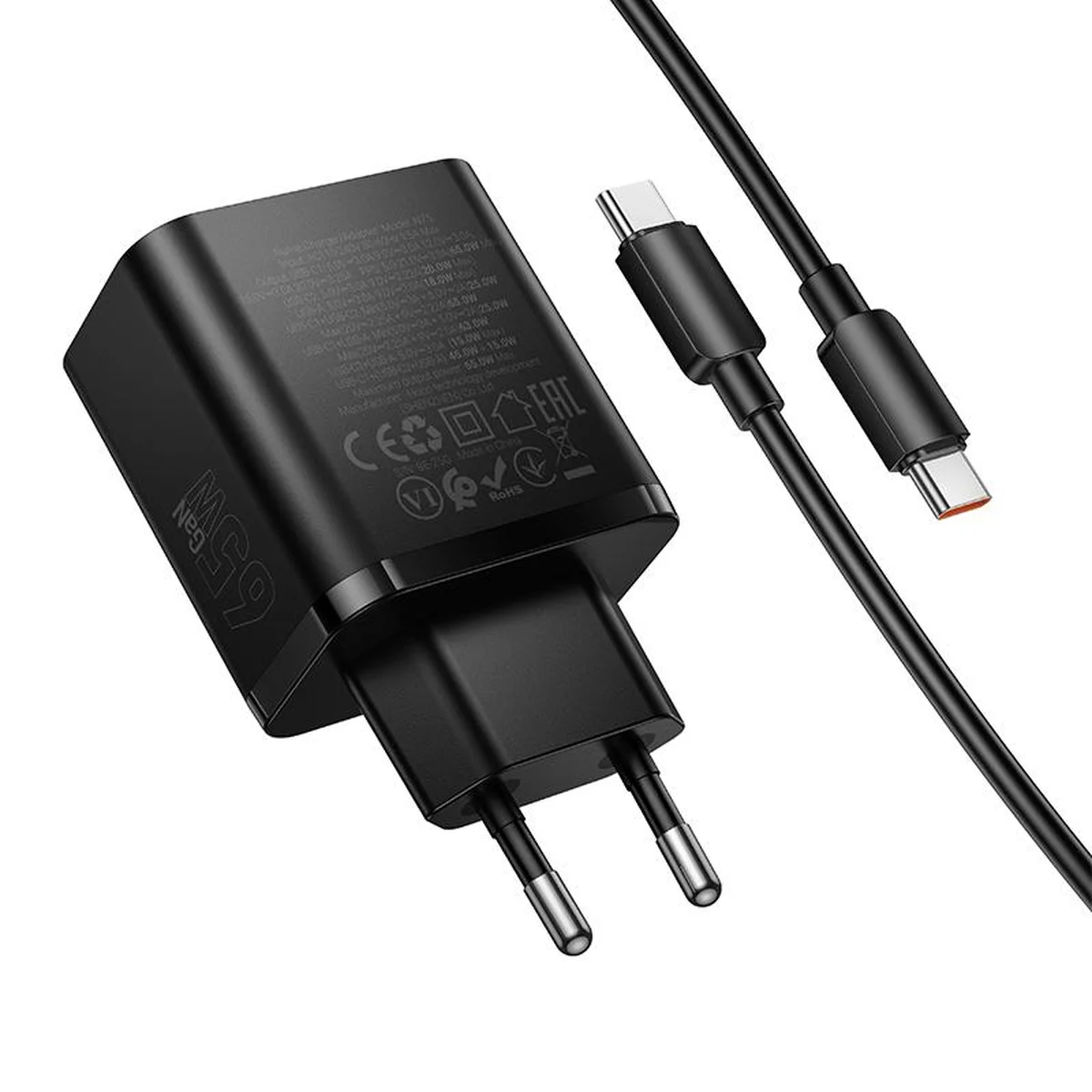 СЗУ Hoco N75 Grande 65W QC+PD (1USB-A/2C) + кабель Type-C to Type-C Black