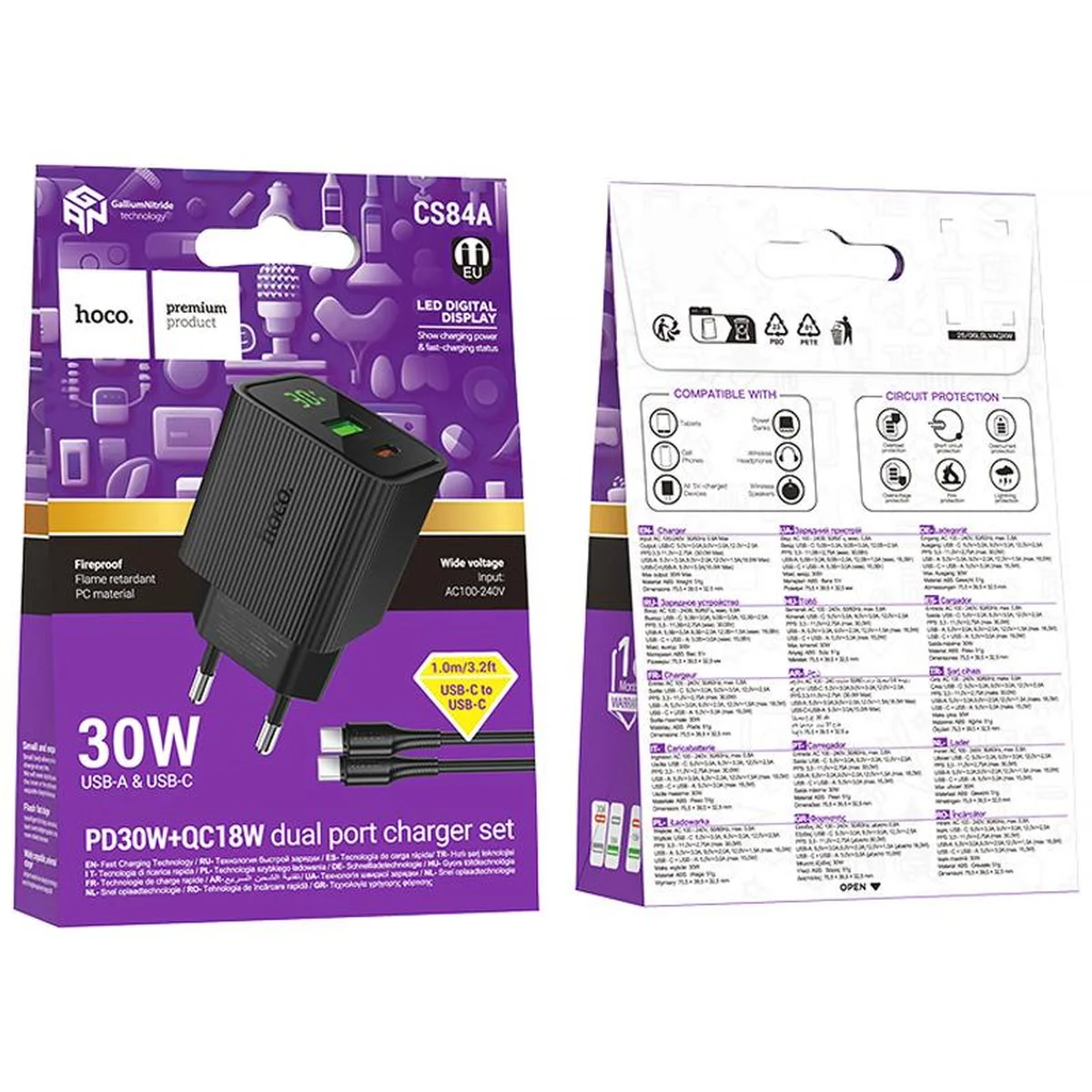 СЗУ Hoco CS84A Excellent with digital display PD30W+QC3.0 (1USB-A/1C) + кабель Type-C to Type-C Black