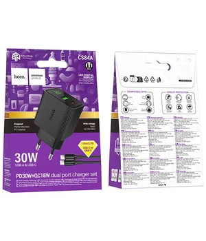 СЗУ Hoco CS84A Excellent with digital display PD30W+QC3.0 (1USB-A/1C) + кабель Type-C to Type-C Black