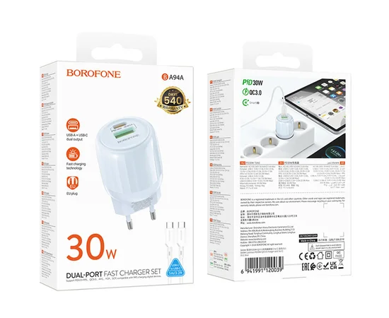 СЗУ Borofone BA94A Lustrous PD30W+QC3.0 (1USB-A/1C) + кабель Type-C to Type-C Blue