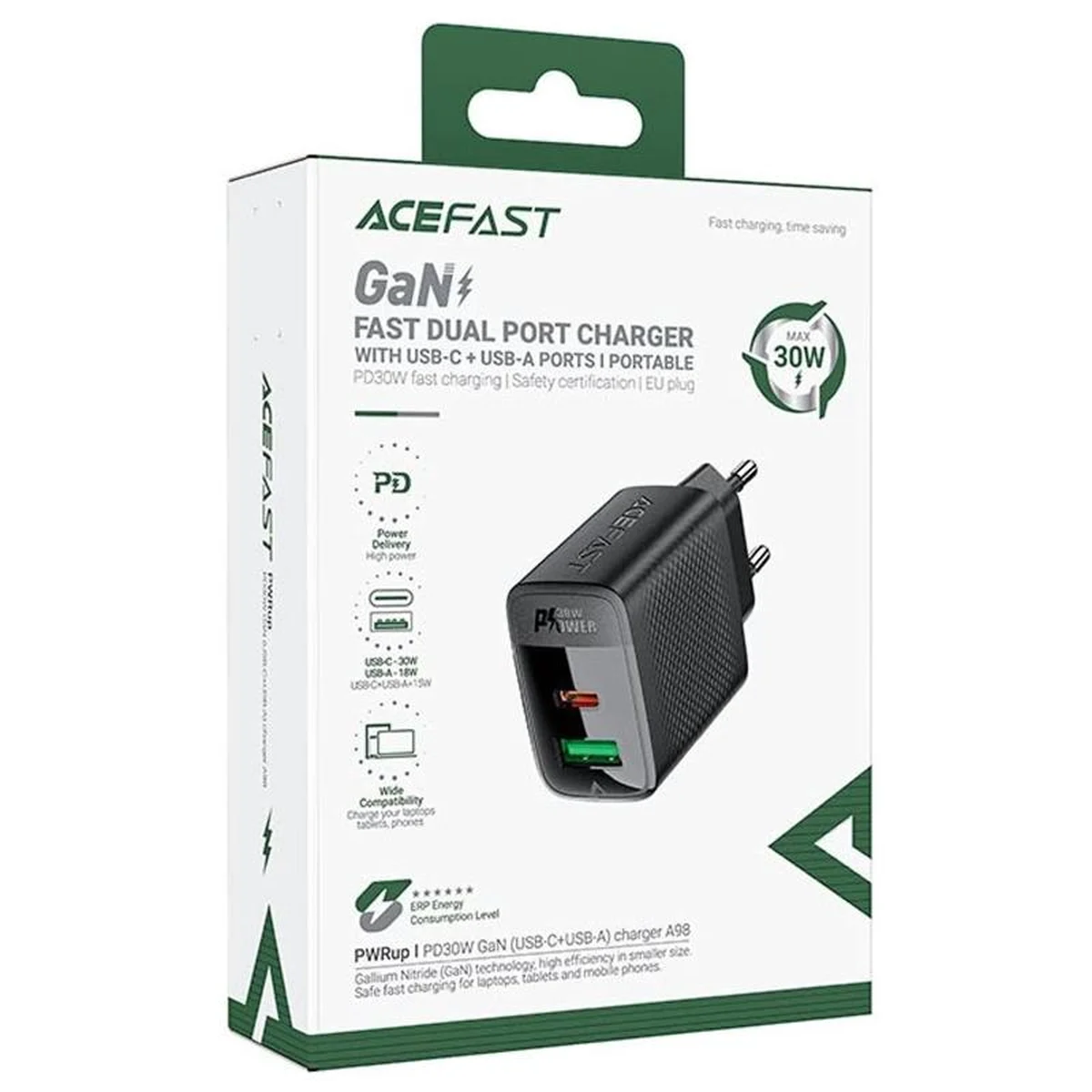 СЗУ Acefast A98 PD30W+QC3.0 GaN (1USB-A/1C) Black