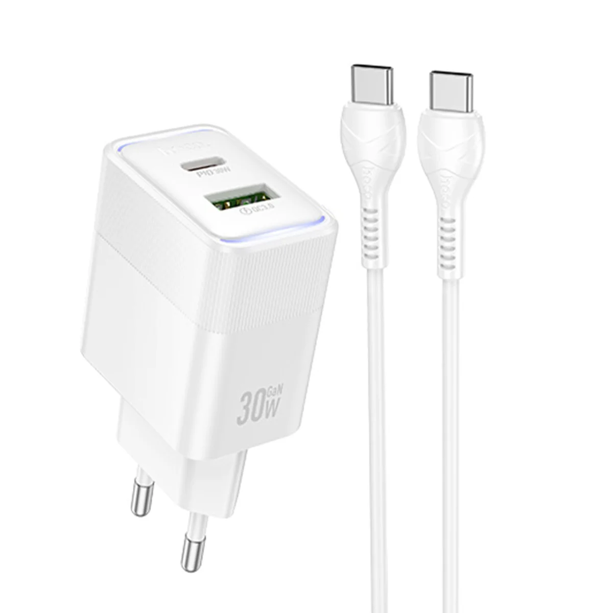 СЗУ Hoco CS112A Lounge PD30W+QC3.0 (1USB-A/1C) + кабель Type-C to Type-C White