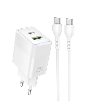 СЗУ Hoco CS112A Lounge PD30W+QC3.0 (1USB-A/1C) + кабель Type-C to Type-C White
