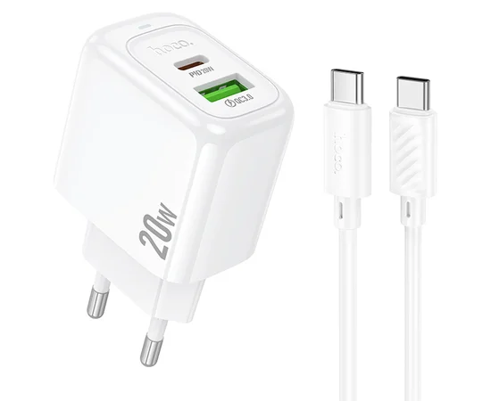 СЗУ Hoco CS54A Surplus PD20W+QC3.0 (1USB-A/1C) + кабель Type-C to Type-C White