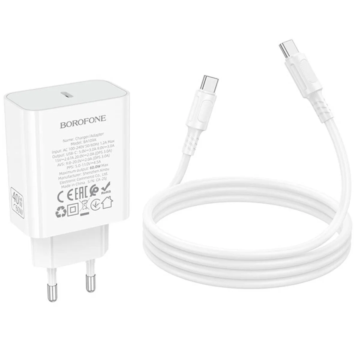 СЗУ Borofone BA109A Star PD40W (1USB-C) + кабель Type-C to Type-C White