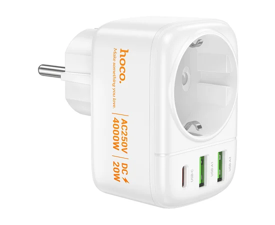 СЗУ Hoco AC26 Changer Outlet Extender 20W (2USB-A/1C/1Socket) White