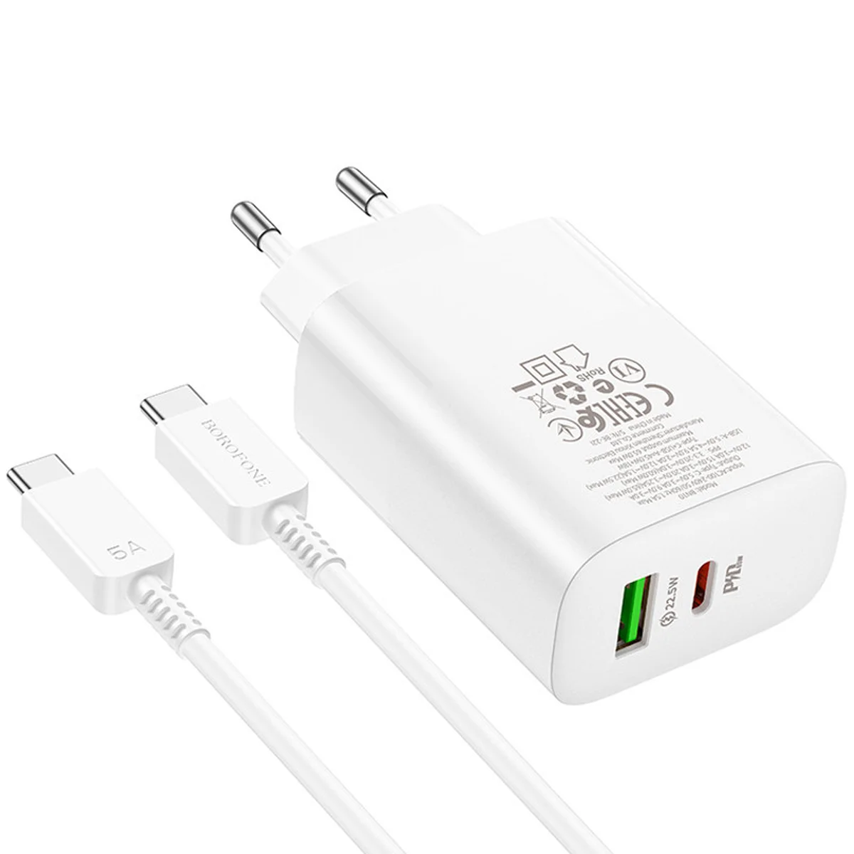 СЗУ Borofone BN10 Sunlight PD65W (1USB-A/1C) + кабель Type-C to Type-C White