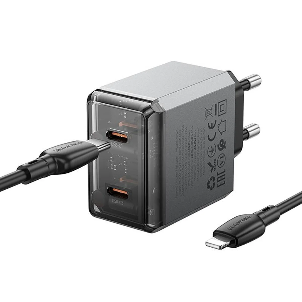 СЗУ Borofone BN21 Lena PD40W+QC3.0 (2USB-C) + кабель Type-C to Lightning Metal gray