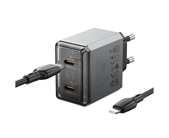 СЗУ Borofone BN21 Lena PD40W+QC3.0 (2USB-C) + кабель Type-C to Lightning Metal gray