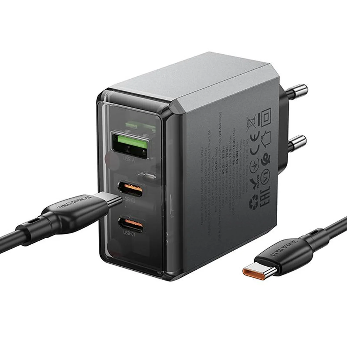СЗУ Borofone BN22 Lena PD65W (1USB-A/2C) + кабель Type-C to Type-C Metal gray