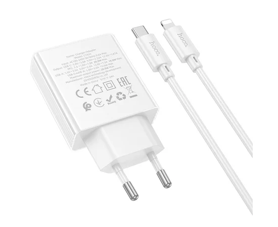 СЗУ Hoco C142A Direct PD20W+QC3.0 (1USB-A/1C) + кабель Type-C to Lightning White