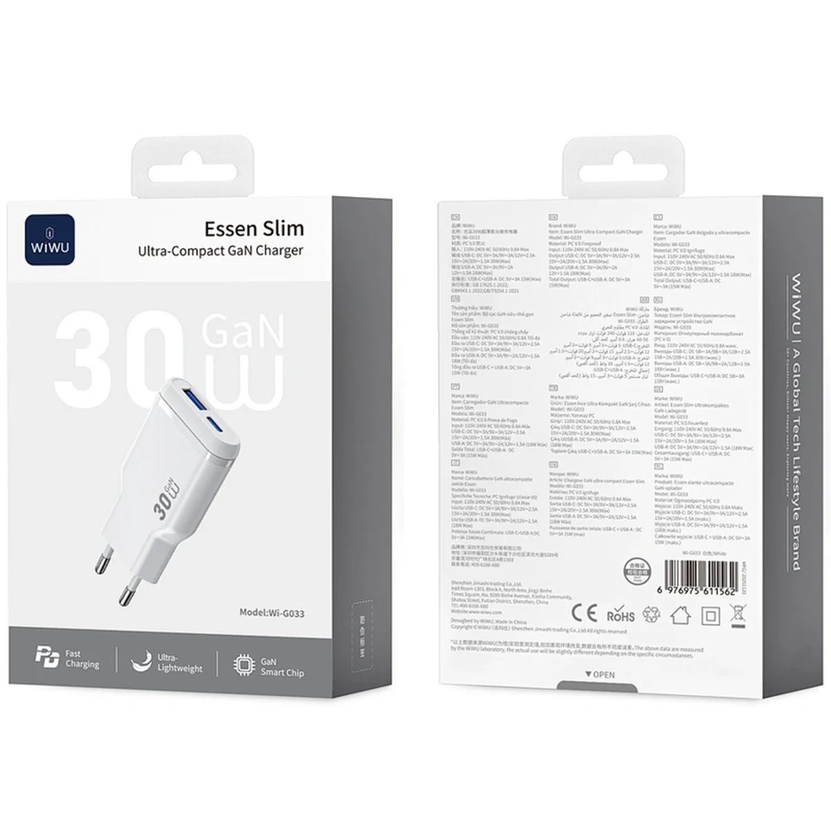 СЗУ WIWU G033 Essen PD30W+QC3.0 GaN (1USB-A/1C) White