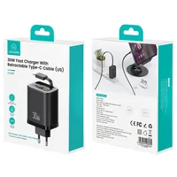 СЗУ Usams US-CC296 GaN With Retractable Type-C Cable Xiang Ser. 30W (1USB-A/1C) Black