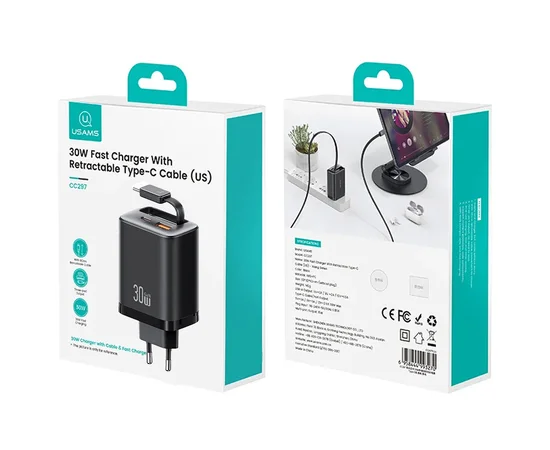 СЗУ Usams US-CC296 GaN With Retractable Type-C Cable Xiang Ser. 30W (1USB-A/1C) Black
