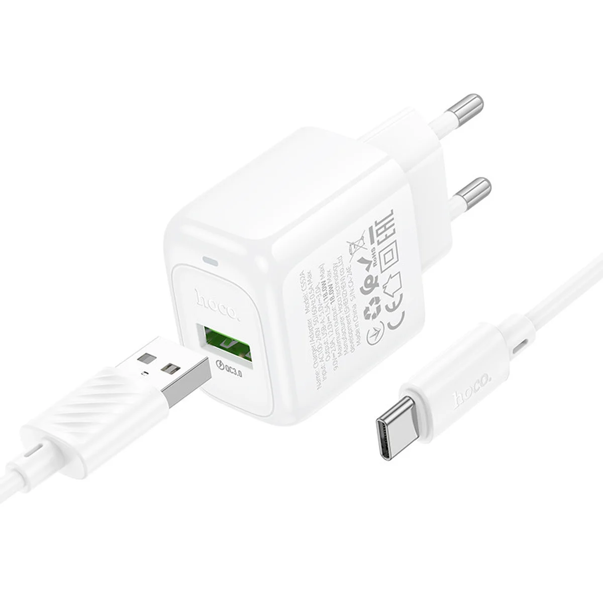СЗУ Hoco CS52A Surplus QC3.0 (1USB-A) + кабель USB to Type-C White