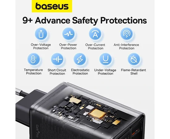 СЗУ Baseus GaN6 Pro OS 2C+2U 65W + Type-C to Type-C 100W (1m) (P10162701) Black