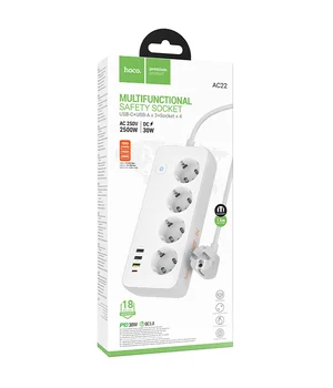 Подовжувач Hoco AC22 Sunlight (PD30W/1C/3A/4xSocket) (1.5m) White