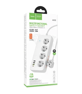 Удлинитель Hoco AC22 Sunlight (PD30W/1C/3A/4xSocket) (1.5m) White
