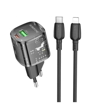 СЗУ Borofone BN17 Sunlight PD20W+QC3.0 (1USB-A/1C) + кабель Type-C to Lightning Transparent black