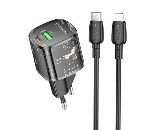СЗУ Borofone BN17 Sunlight PD20W+QC3.0 (1USB-A/1C) + кабель Type-C to Lightning Transparent black