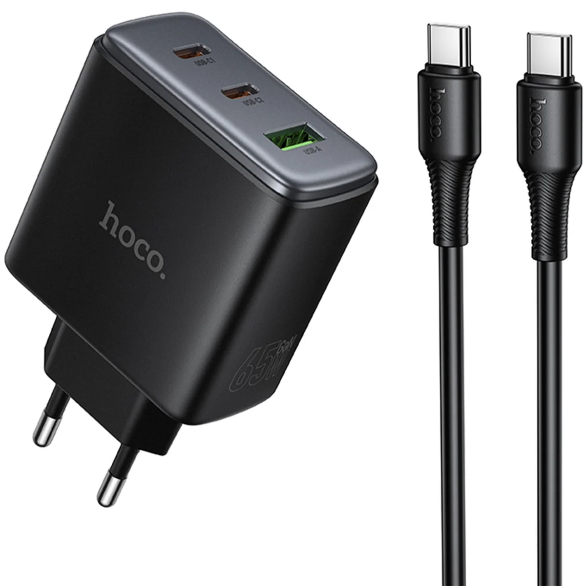 СЗУ Hoco C160A Upgrade PD65W+QC3.0 (1USB-A/2C) + кабель Type-C to Type-C Black