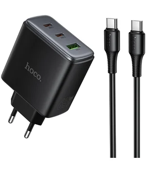 СЗУ Hoco C160A Upgrade PD65W+QC3.0 (1USB-A/2C) + кабель Type-C to Type-C Black