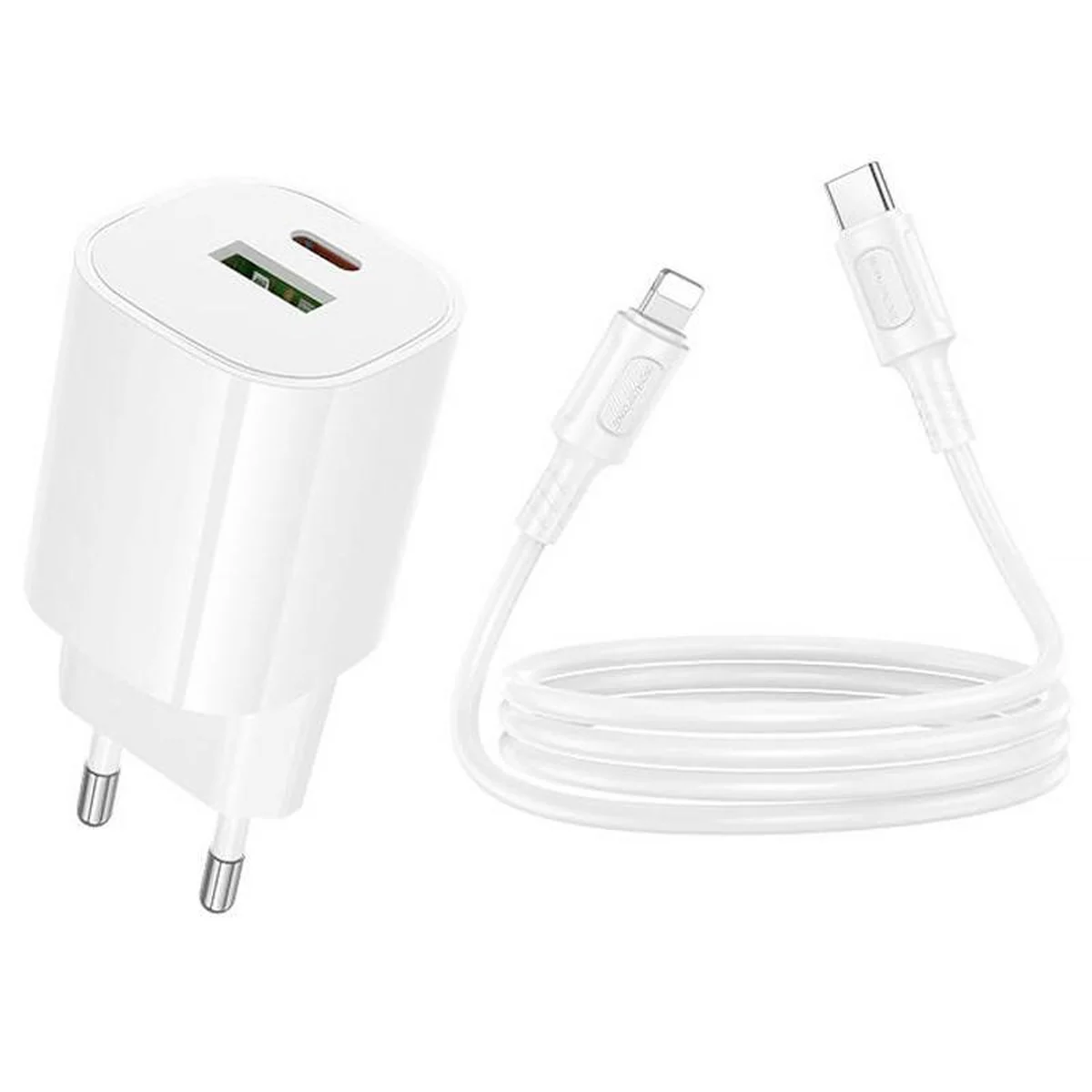 СЗУ Borofone BA104A Pudding PD20W+QC3.0 (1USB-A/1C) + кабель Type-C to Lightning White