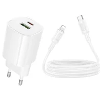 СЗУ Borofone BA104A Pudding PD20W+QC3.0 (1USB-A/1C) + кабель Type-C to Lightning White