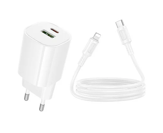 СЗУ Borofone BA104A Pudding PD20W+QC3.0 (1USB-A/1C) + кабель Type-C to Lightning White