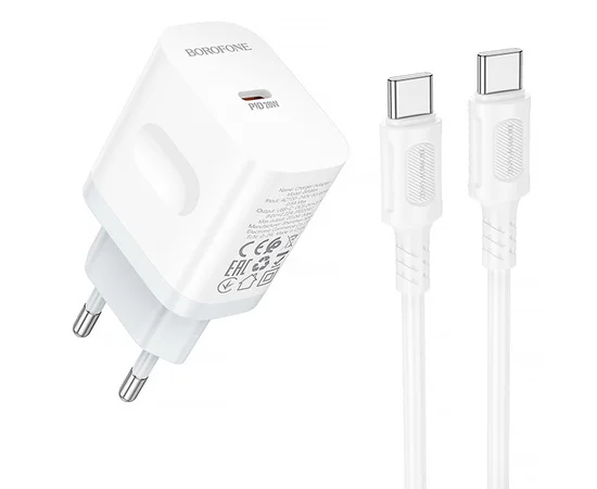 СЗУ Borofone BA99A Breeze PD20W (1USB-C) + кабель Type-C to Type-C White
