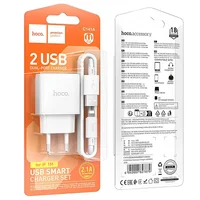 СЗУ Hoco C141A Smart 2.1A (2USB-A) + кабель USB to Lightning White