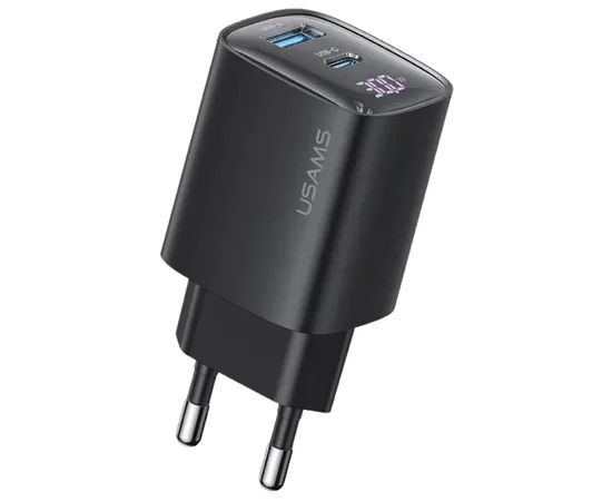 СЗУ Usams US-CC229 GaN Digital Display XC Ser. 30W (1USB-A/1C) Black