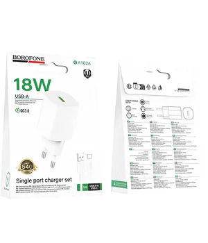 СЗУ Borofone BA102A Pudding QC3.0 (1USB-A) + кабель USB to Type-C White