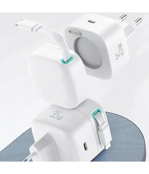 СЗУ Usams US-CC209 GaN With Lightning Magnetic Retractable Cable Module XMF Ser. 35W (2USB-C) White