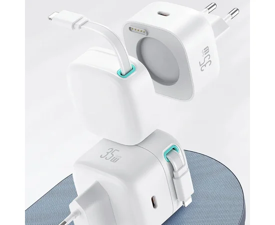 СЗУ Usams US-CC209 GaN With Lightning Magnetic Retractable Cable Module XMF Ser. 35W (2USB-C) White