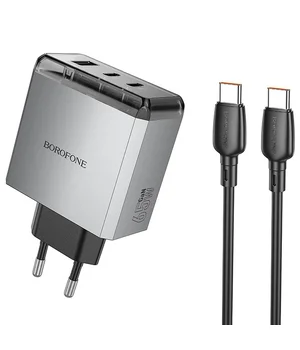 СЗУ Borofone BN22 Lena PD65W (1USB-A/2C) + кабель Type-C to Type-C Metal gray