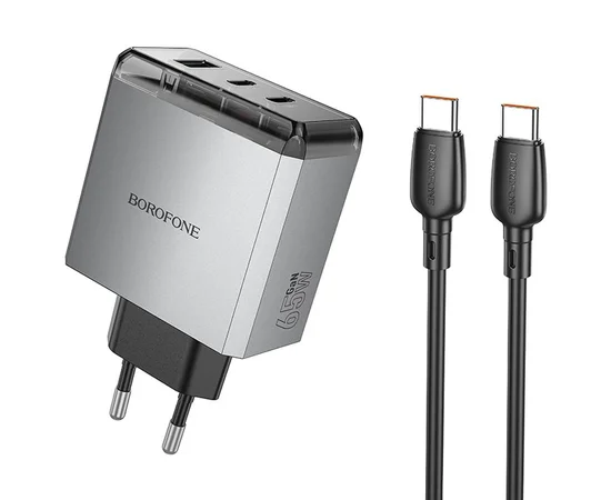СЗУ Borofone BN22 Lena PD65W (1USB-A/2C) + кабель Type-C to Type-C Metal gray