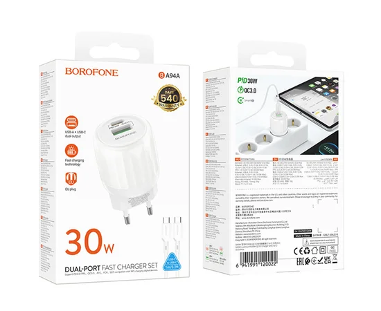 СЗУ Borofone BA94A Lustrous PD30W+QC3.0 (1USB-A/1C) + кабель Type-C to Type-C White