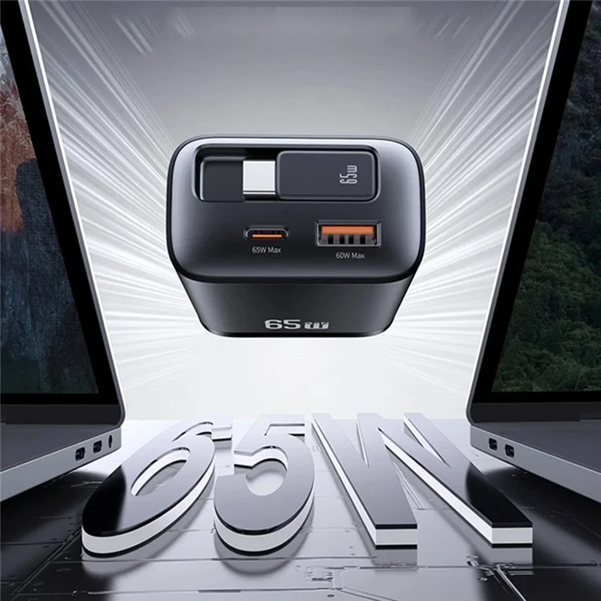 СЗУ Usams US-CC299 GaN With Retractable Type-C Cable Xiang Ser. 65W (1USB-A/1C) Black