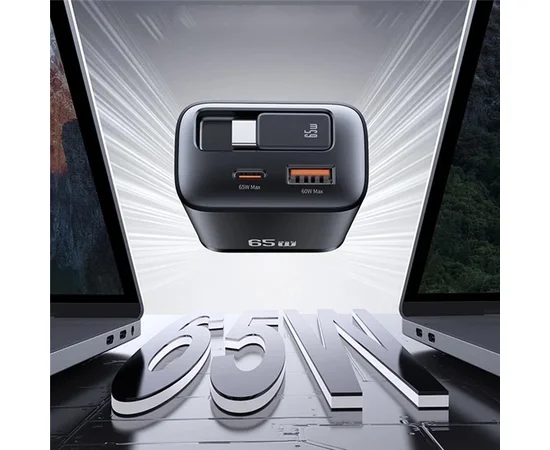 СЗУ Usams US-CC299 GaN With Retractable Type-C Cable Xiang Ser. 65W (1USB-A/1C) Black