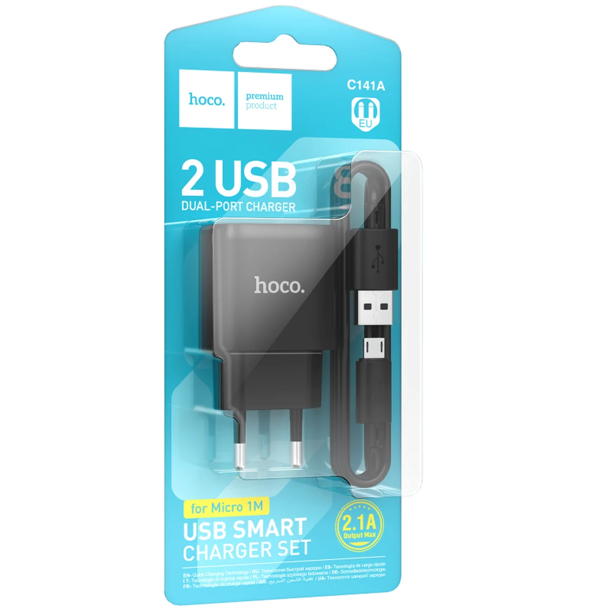 СЗУ Hoco C141A Smart 2.1A (2USB-A) + кабель USB to MicroUSB Black