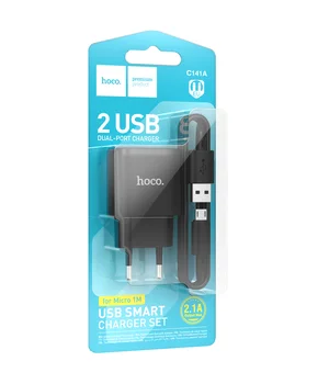 СЗУ Hoco C141A Smart 2.1A (2USB-A) + кабель USB to MicroUSB Black