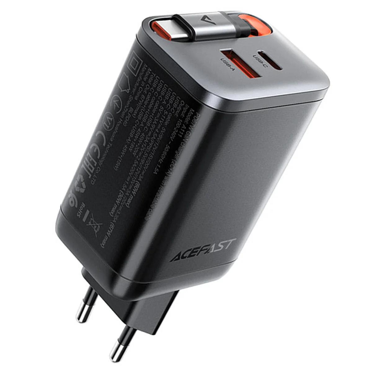 СЗУ Acefast A111 GaN With Retractable Cable Type-C PD67W (1USB-A/1C) Black